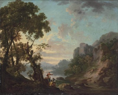 Wooded Landscape with a Lake, Anglers in the Foreground by George the Elder Barret